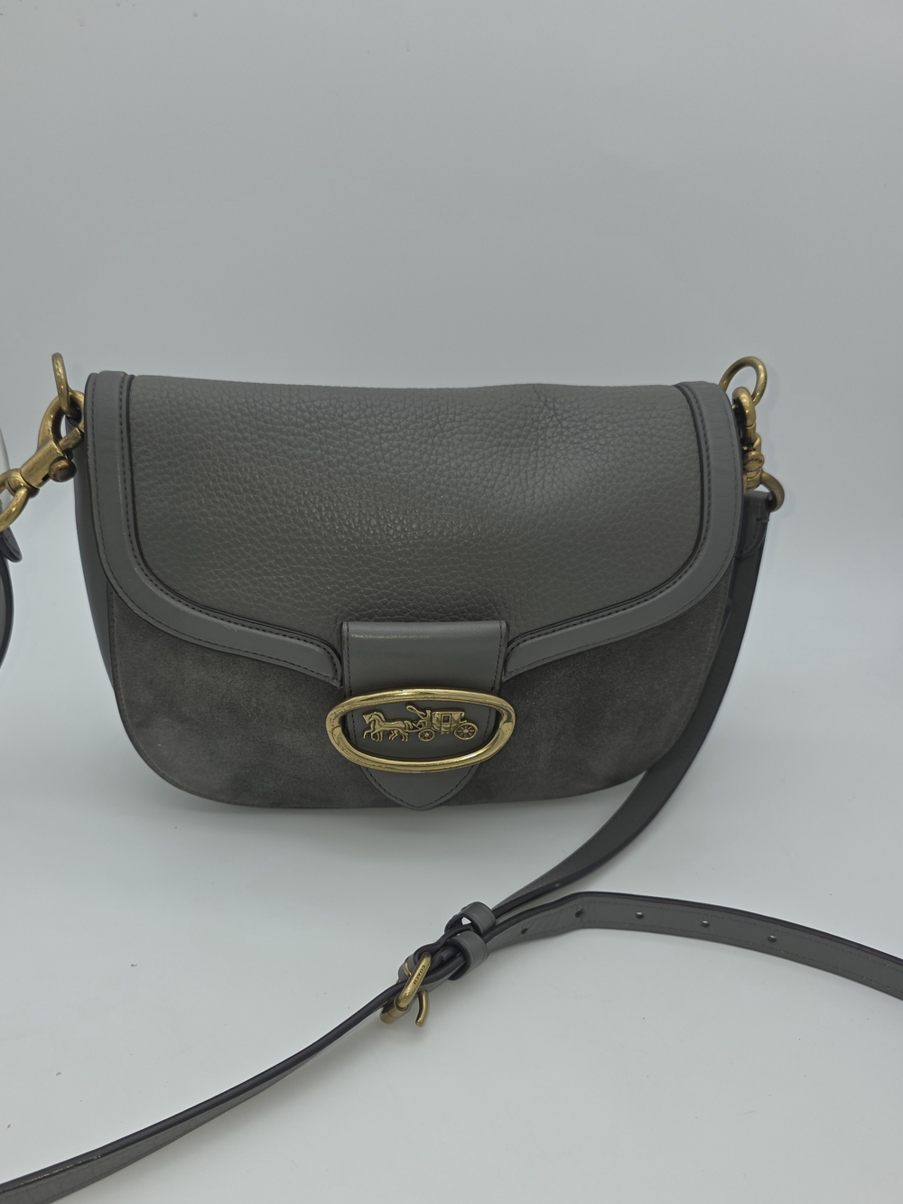 Leather & Suede Gray Crossbody Bag with Brass Logo Accent